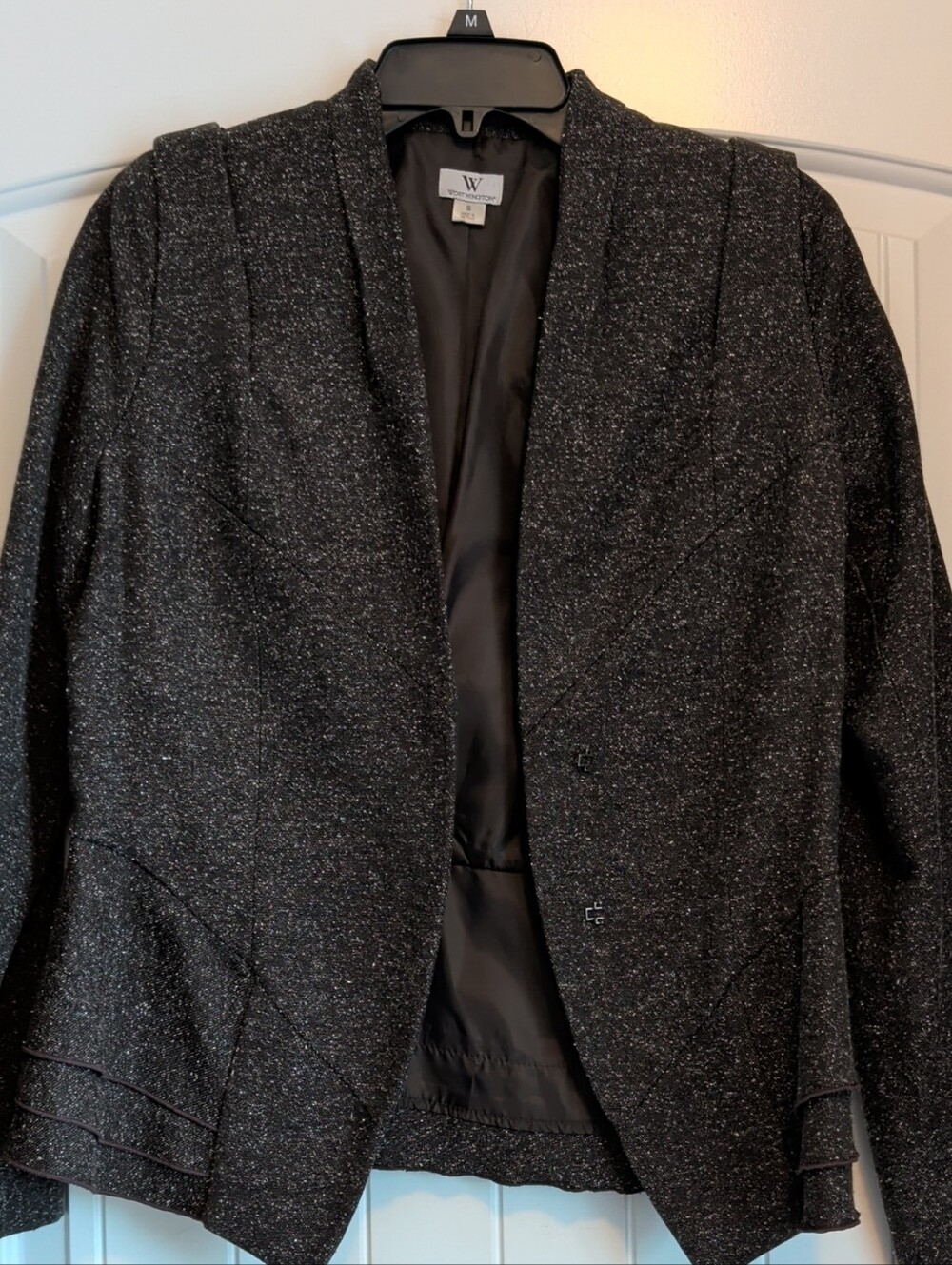 W by Worth Black Metallic Speckle Open Blazer With Shoulder Pads Retro Cut